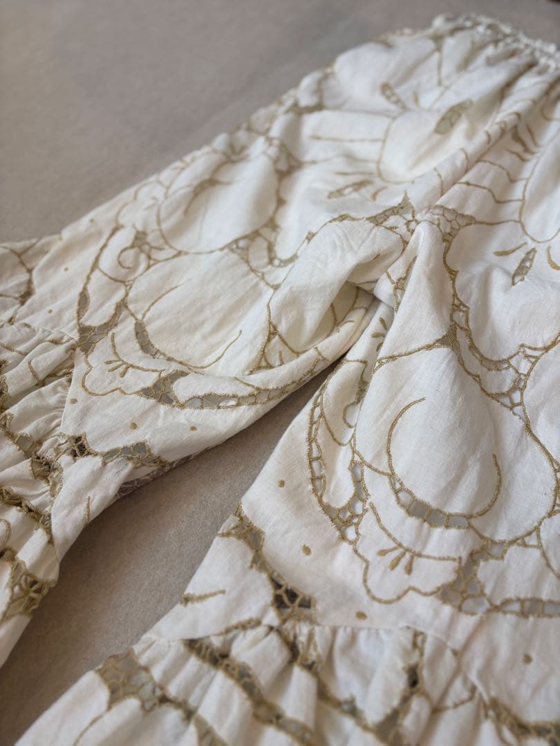 【ゆうりん】アイボリー リメイク フレアパンツ ビンテージクロス レース