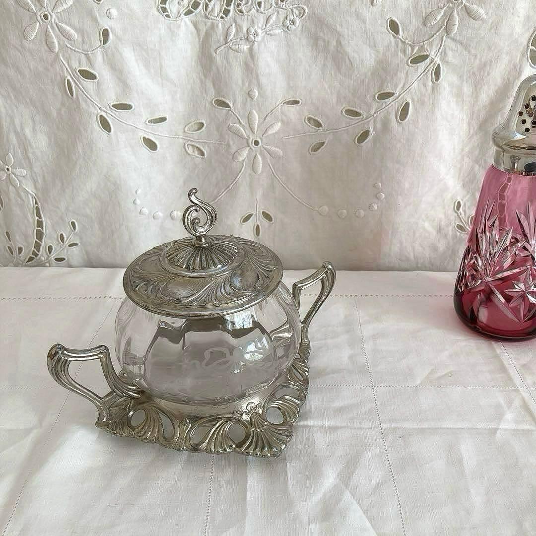 ♪フランスアンティーク リボンのガラスポットシュガーポットボンボニエール小物入れ