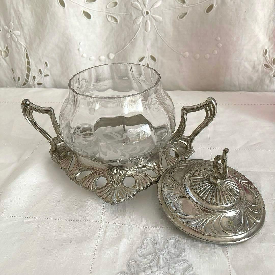 ♪フランスアンティーク リボンのガラスポットシュガーポットボンボニエール小物入れ