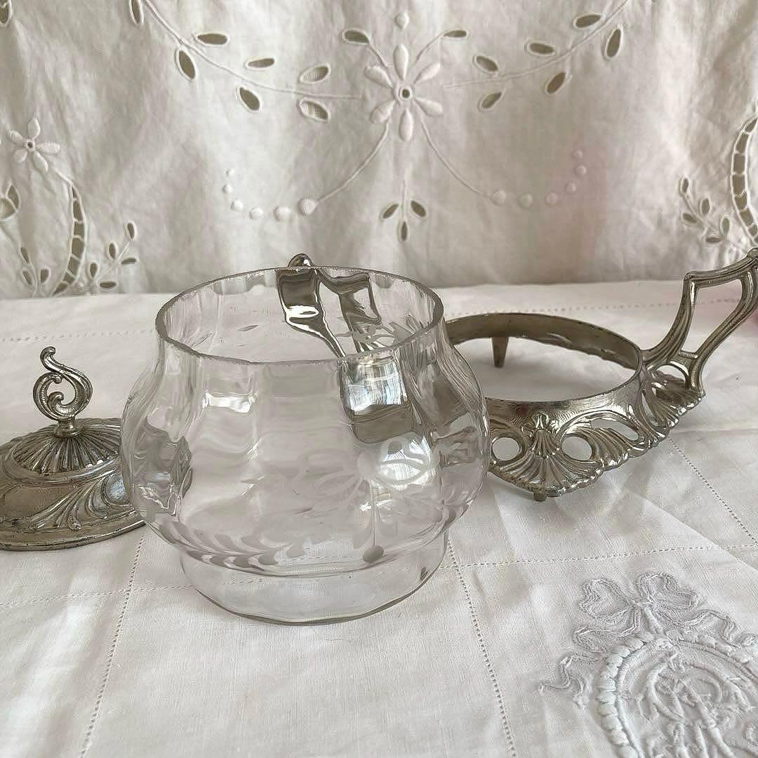 ♪フランスアンティーク リボンのガラスポットシュガーポットボンボニエール小物入れ