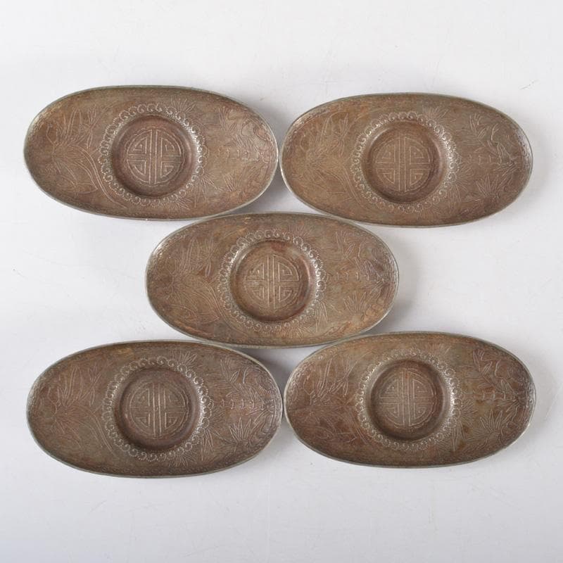 煎茶道具　古錫　花草文　茶托　五客　V　5132