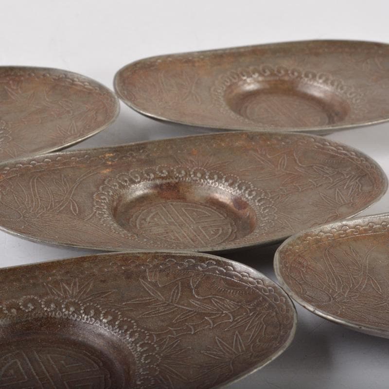 煎茶道具　古錫　花草文　茶托　五客　V　5132