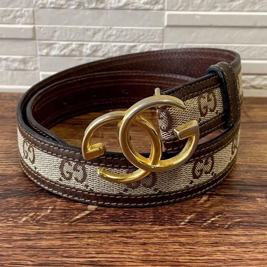グッチ GGキャンバス レザー ベルト GG バックル ゴールド ブラウン