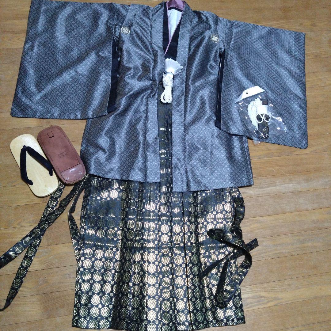 ジュニア男の子羽織袴セット 濃グレー/七宝黒金