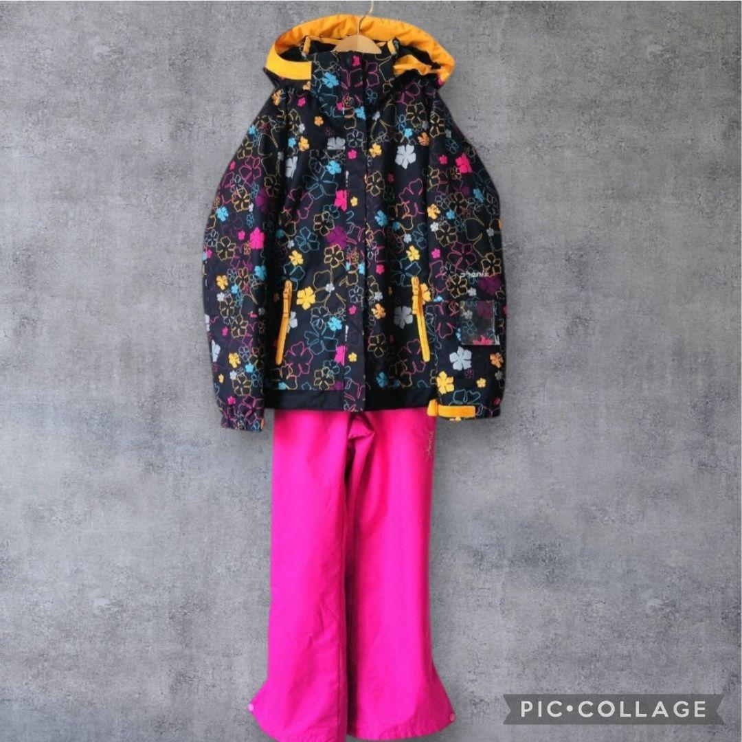 美品 Phenix スキーウェア 女の子 160 150 上下 黒×ピンク 花柄