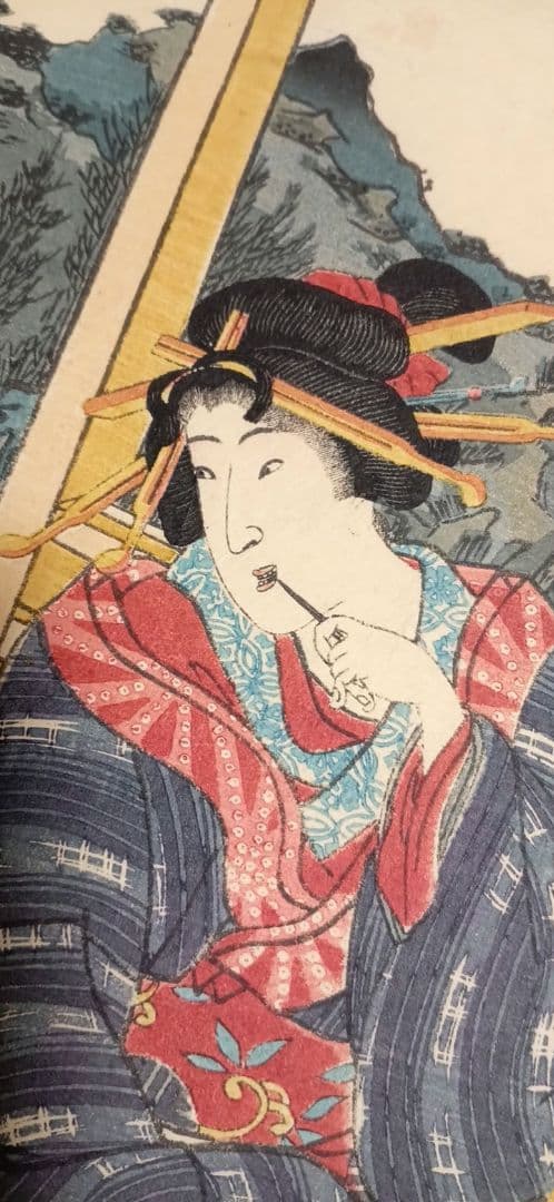 浮世絵版画、げんじ今様絵巻三枚綴り 二代国貞と国玉の合