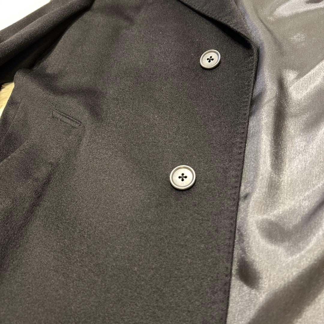 【カシミヤ100%×大きいサイズ】マキシ丈比翼ロングステンカラーコート 黒 XL