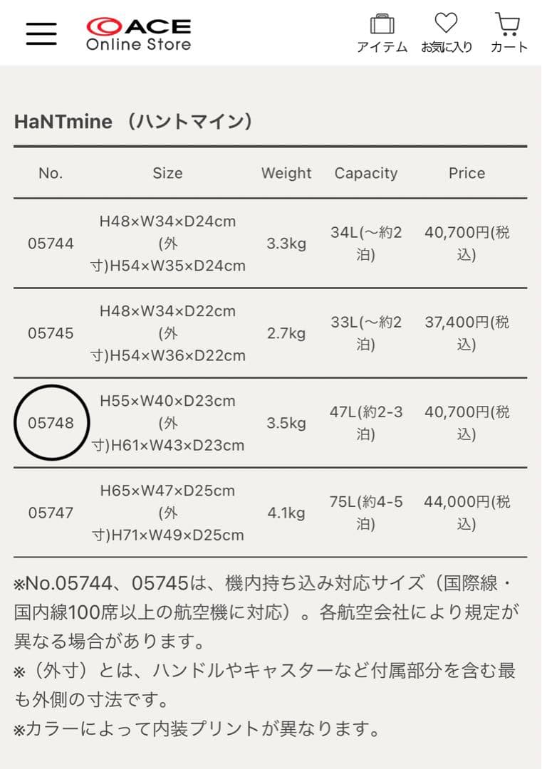 【未使用タグ付き】ACE HaNT マイン47L キャリーバッグ TSロック