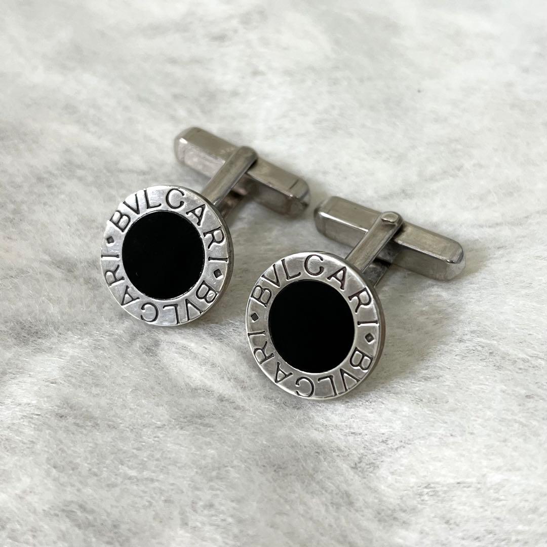ブルガリ　カフス　ブランドロゴ　Ag925　シルバー　ブラック　メンズ　箱付き