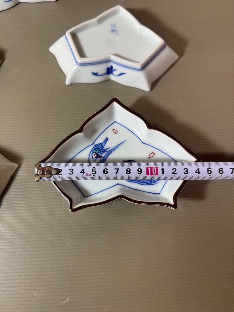 2927 有田焼 十四代 辻常陸 染錦水鳥文 変形皿5客 未使用