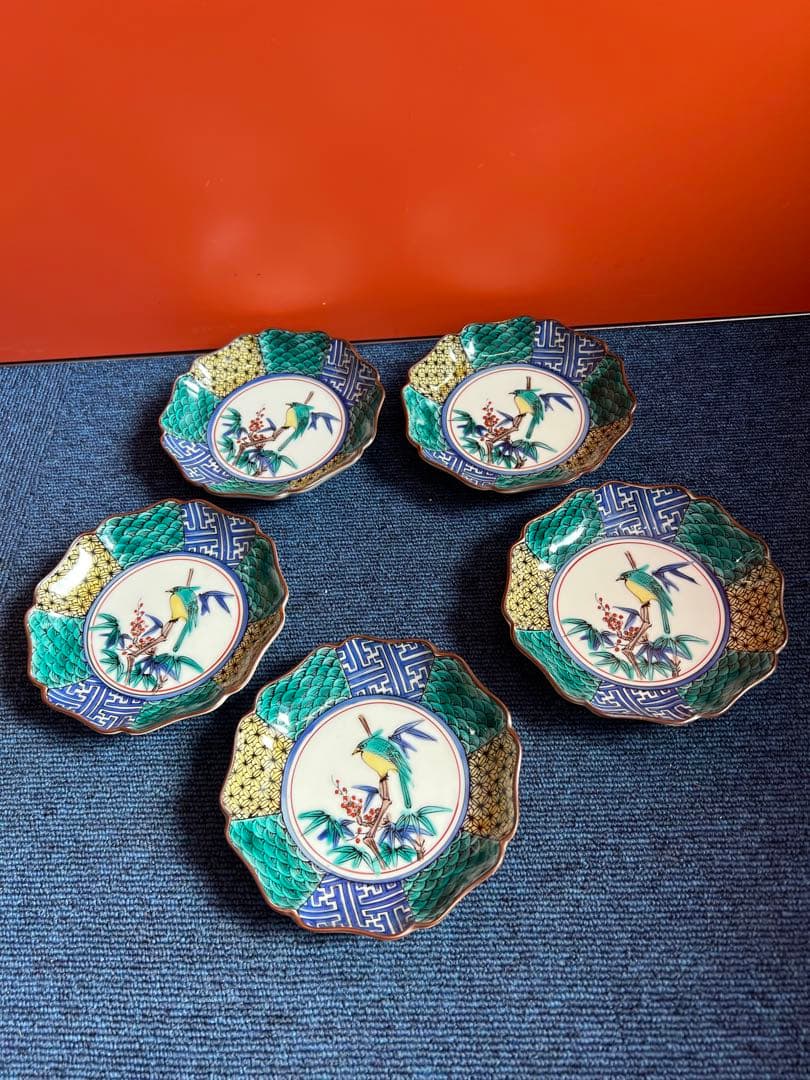 1375 九谷焼　花鳥　皿　5客　未使用