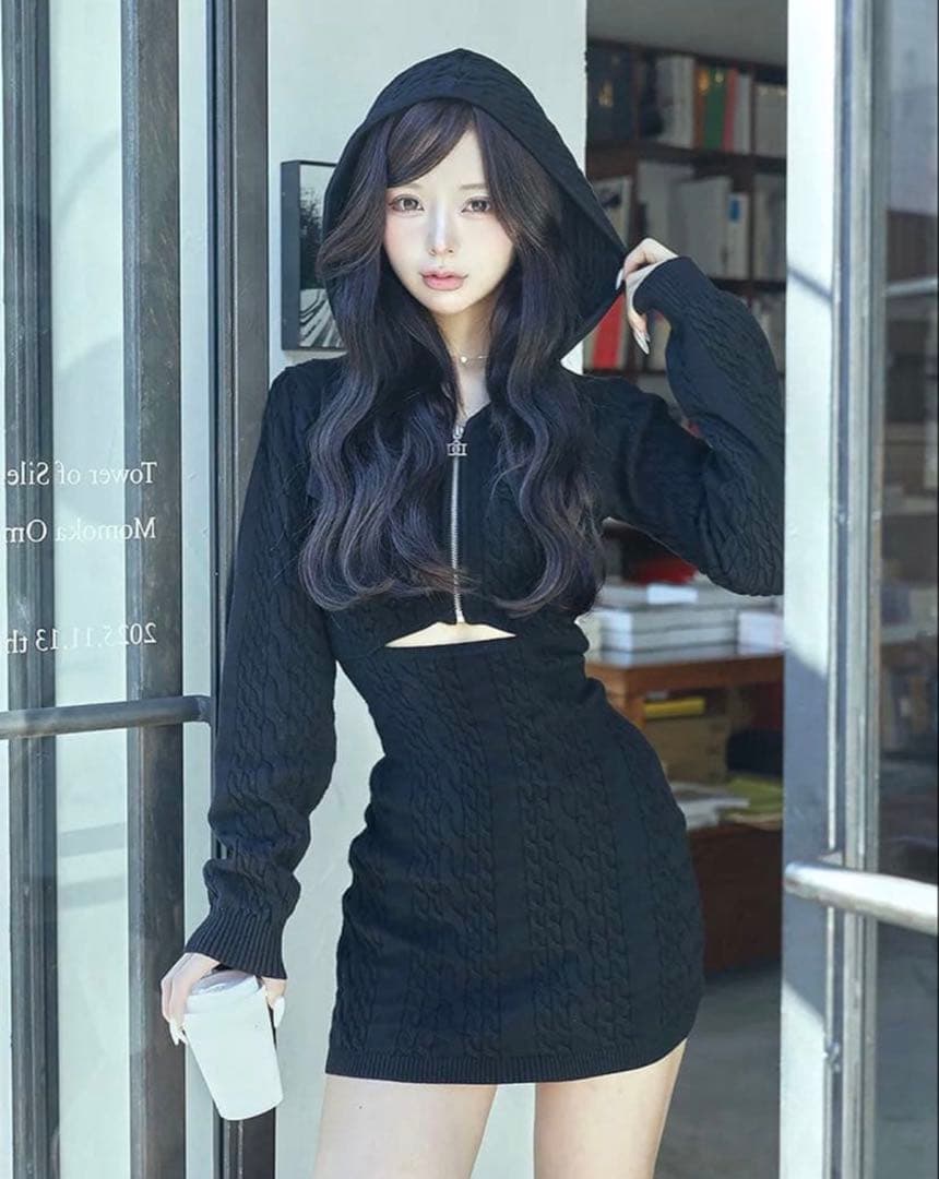 Darichダーリッチ オープンケーブルニットミニワンピース BLK ブラック