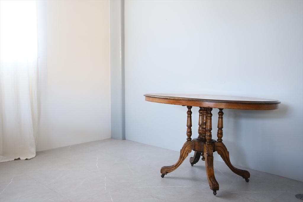 英国アンティーク木製オーバルテーブル/サイドテーブル机/飾り棚(91-64)