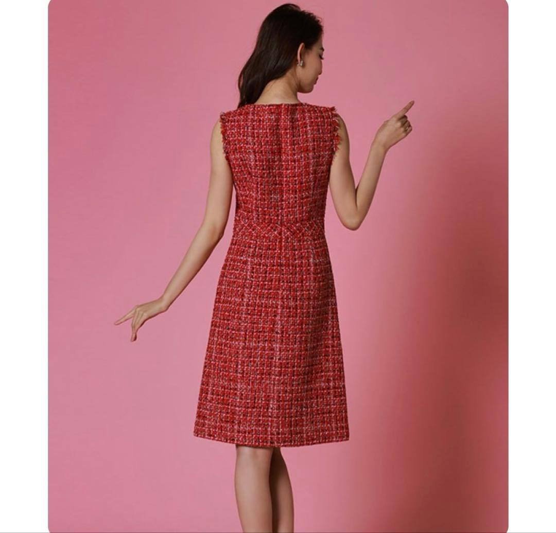 ERUKEI]レッド・ツイード・フリンジAライン膝丈ミニドレスワンピース黒木麗奈