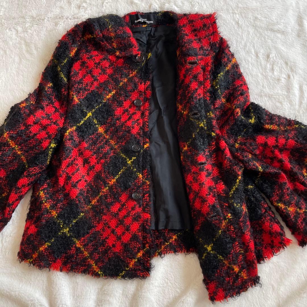 【美品】2002年製トリココムデギャルソン　ポンチョ型モヘヤジャケット　チェック