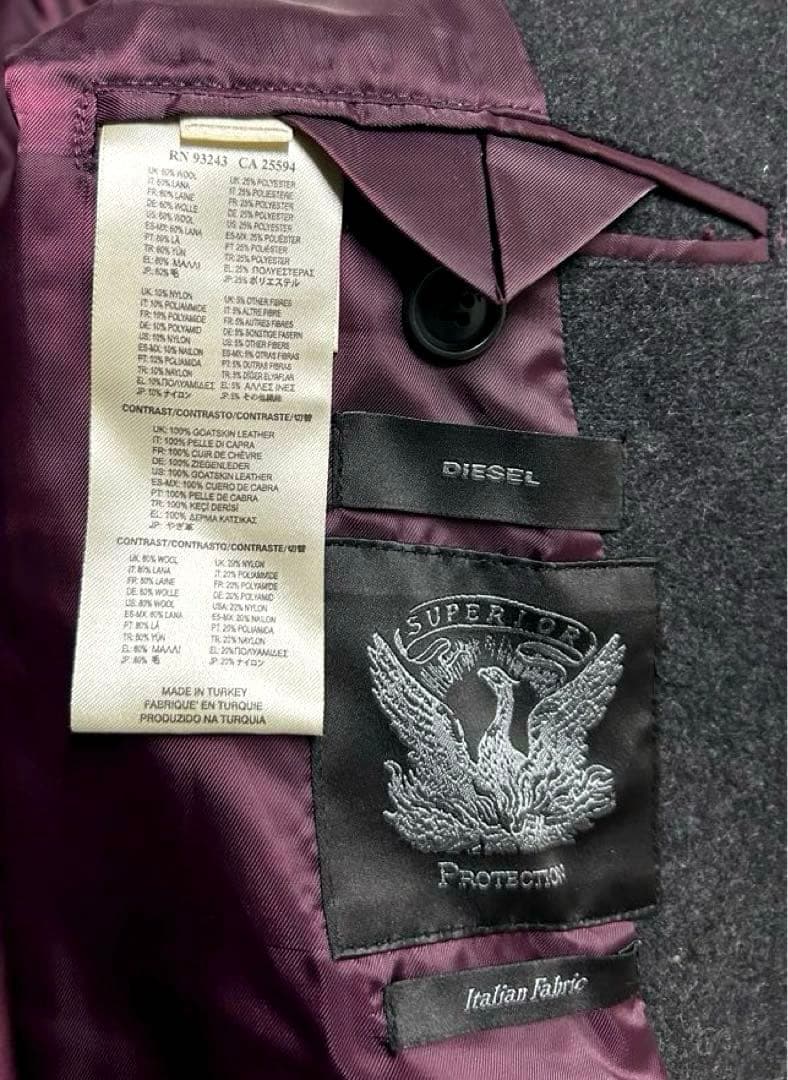 正規品】 DIESEL チェスターコート レザー 切替 ウール ブ