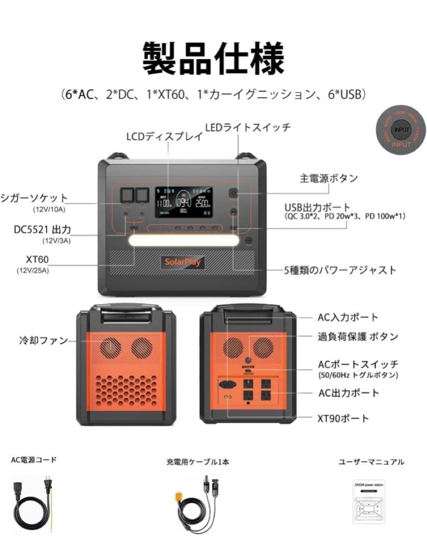 a*e様 SolarPlay ポータブル電源 2300Wh 14ポート