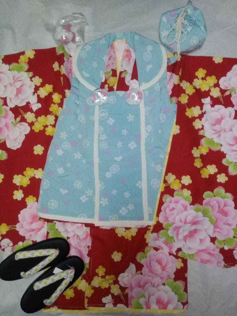 ポンポネット七五三3歳 女の子セット.着物.被布.巾着 髪飾り 草履 長襦袢 W
