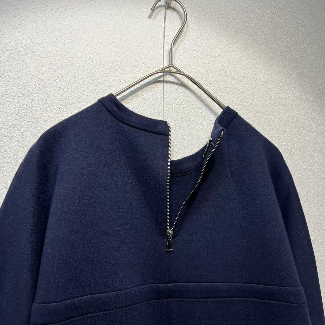 希少 美品 上質 クルーネック デザイン 5分袖 ワンピース ネイビー 紺38