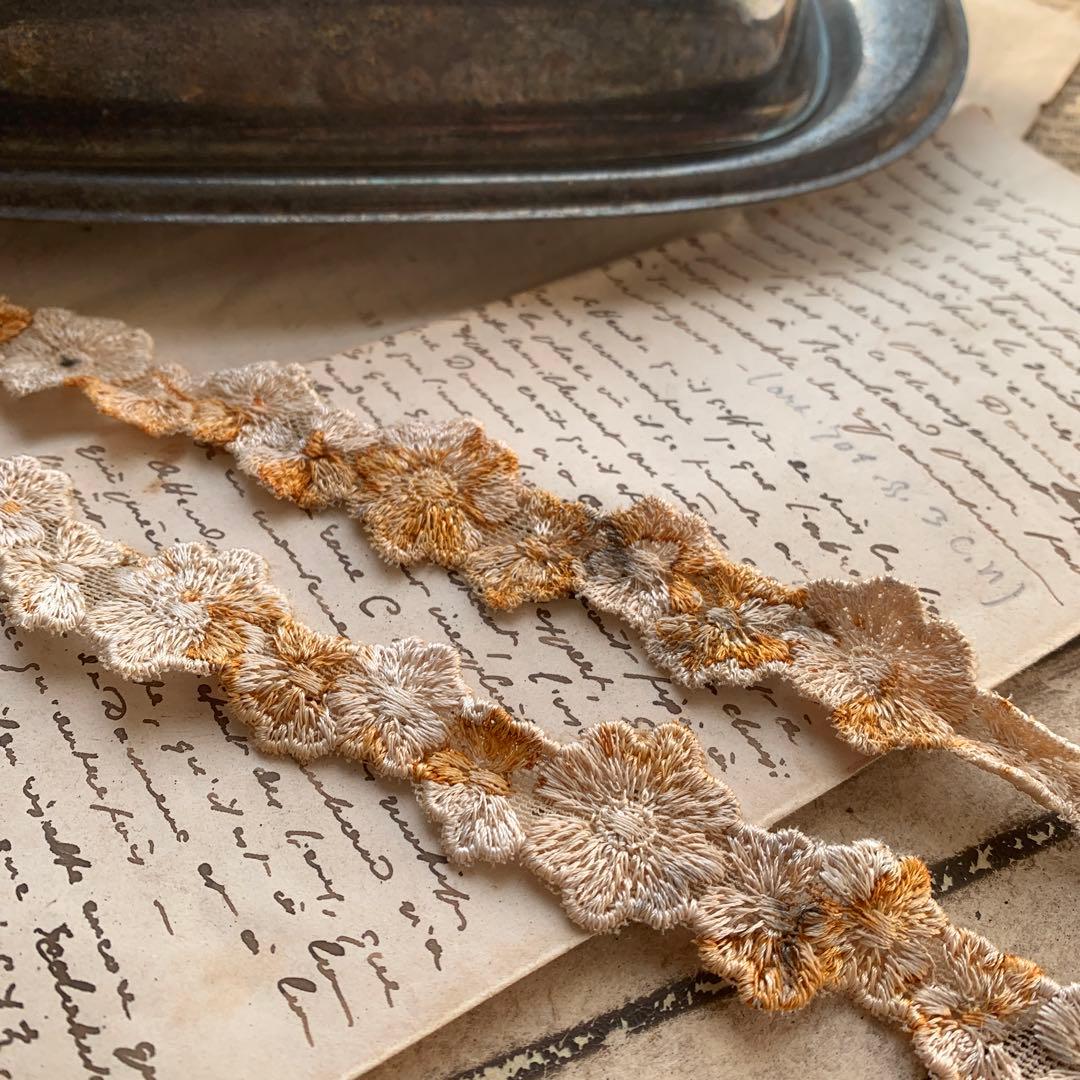 ジャンクジャーナル素材☆錆染めヴィンテージフラワーレース1メートル