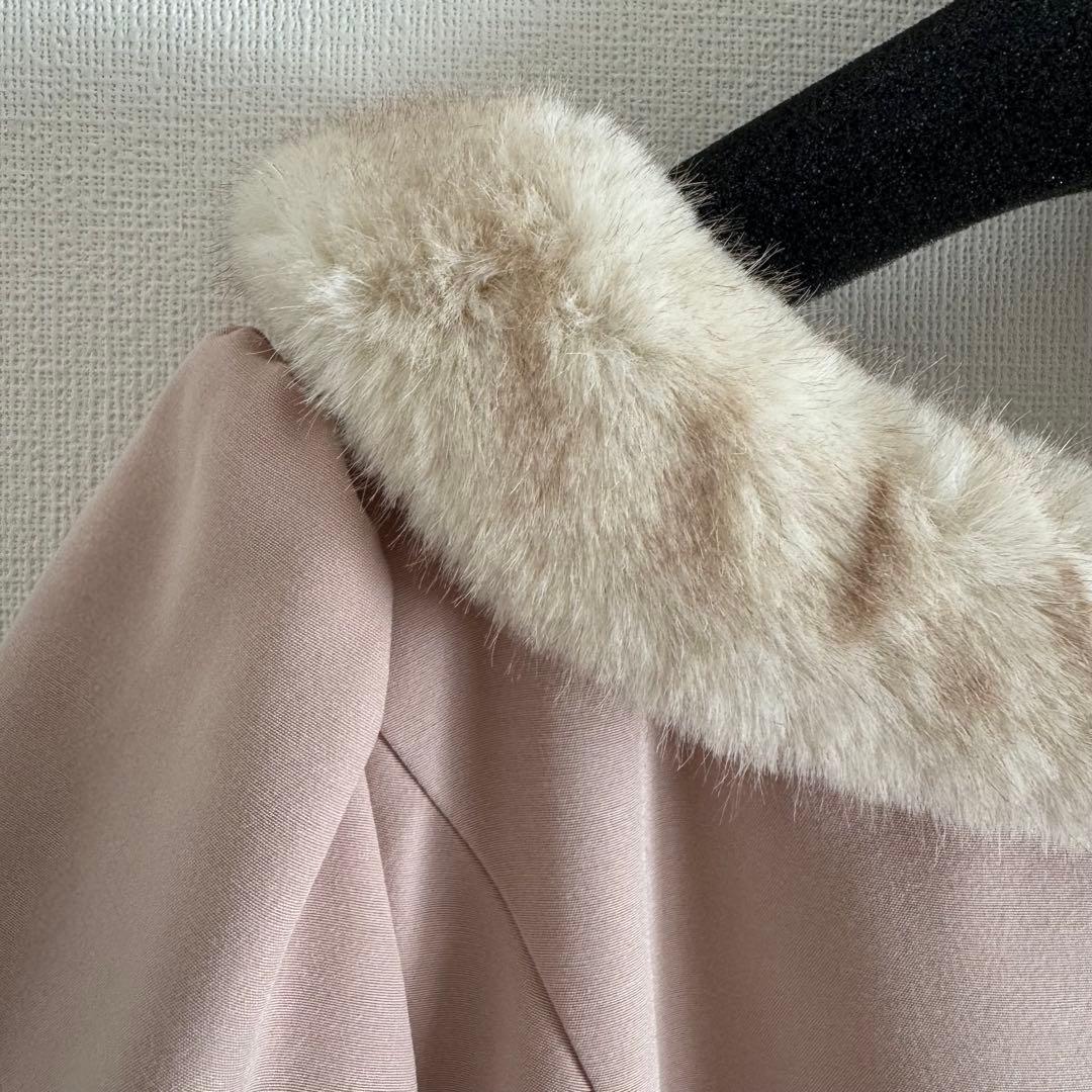 週末値下げ セルフォード ピンクベージュ 半袖 ひざ丈ワンピース ファー襟 38