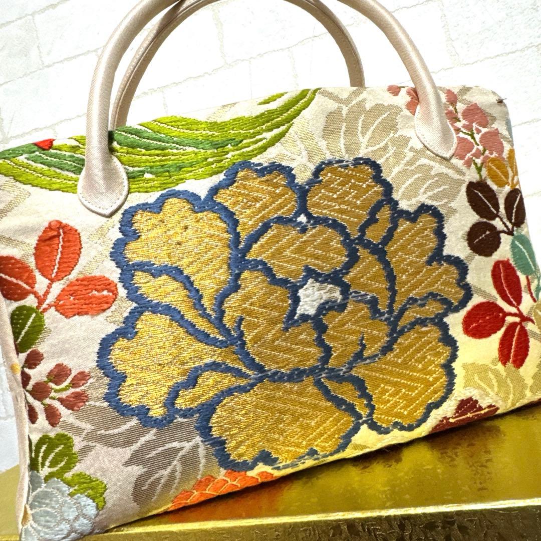 正絹 西陣唐織 大きめ利休バッグ 和装バッグ 金糸 帯地 逸品