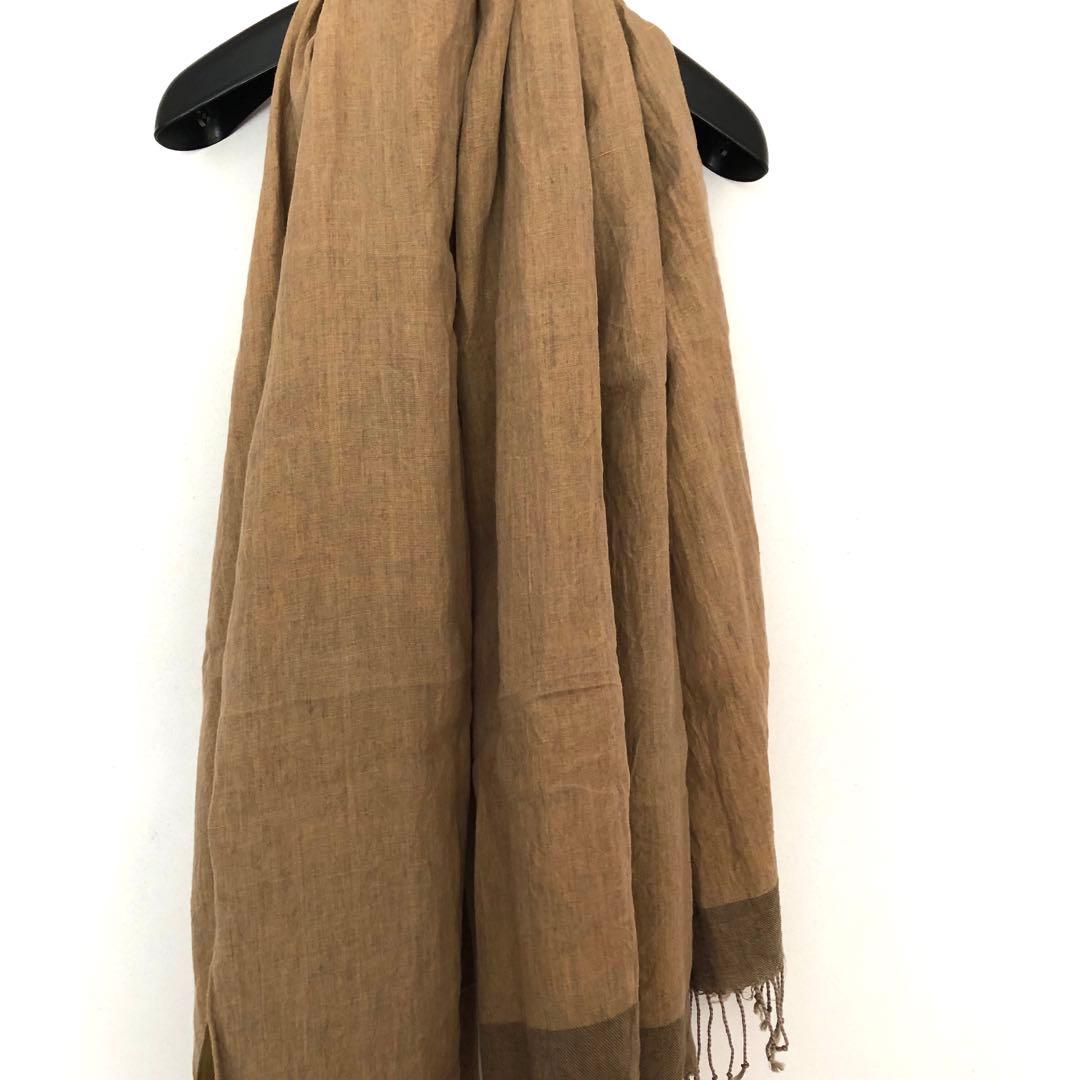 ヨーガンレールオリーブグリーン 茶系リネン ストール 大判 フリンジ付き麻100