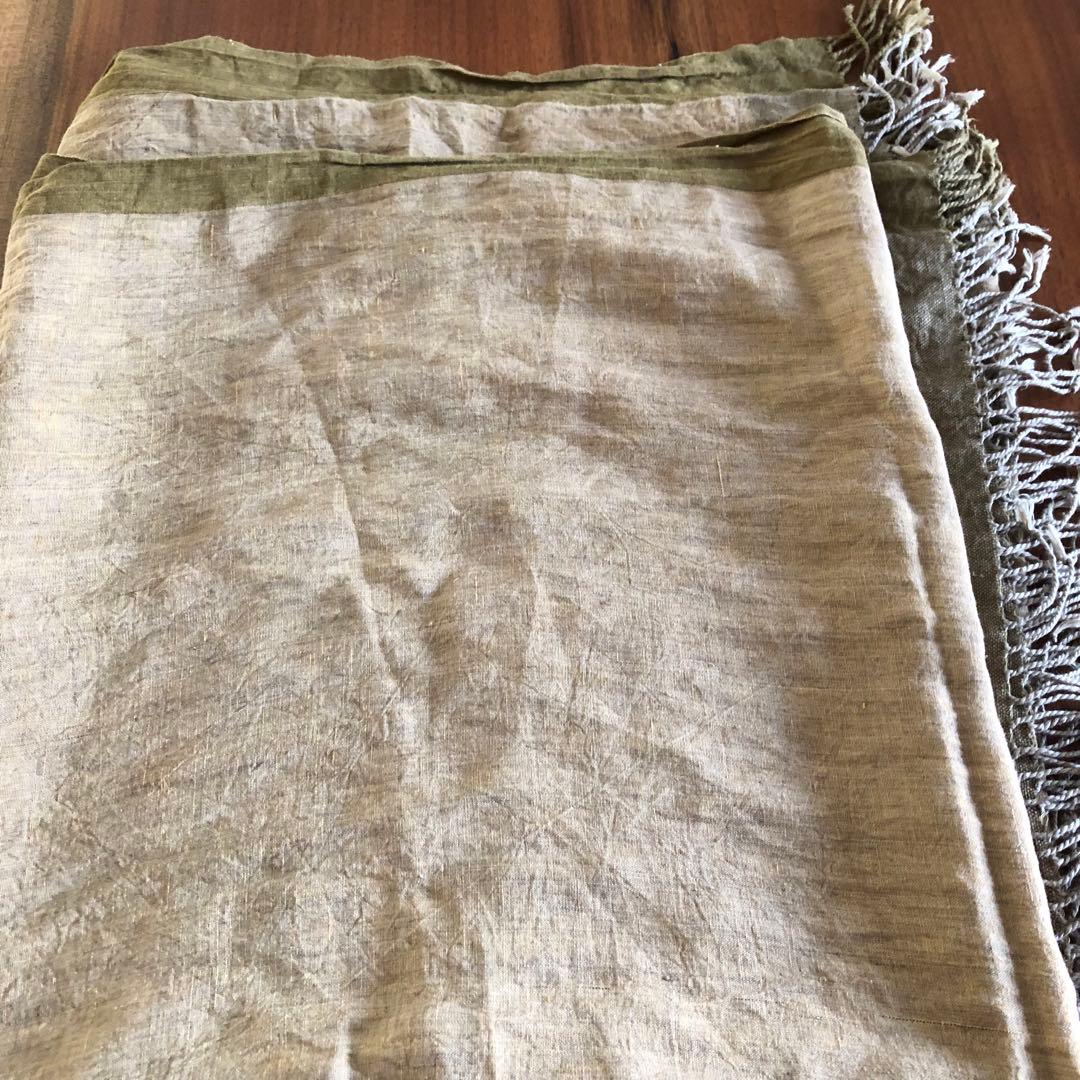 ヨーガンレールオリーブグリーン 茶系リネン ストール 大判 フリンジ付き麻100