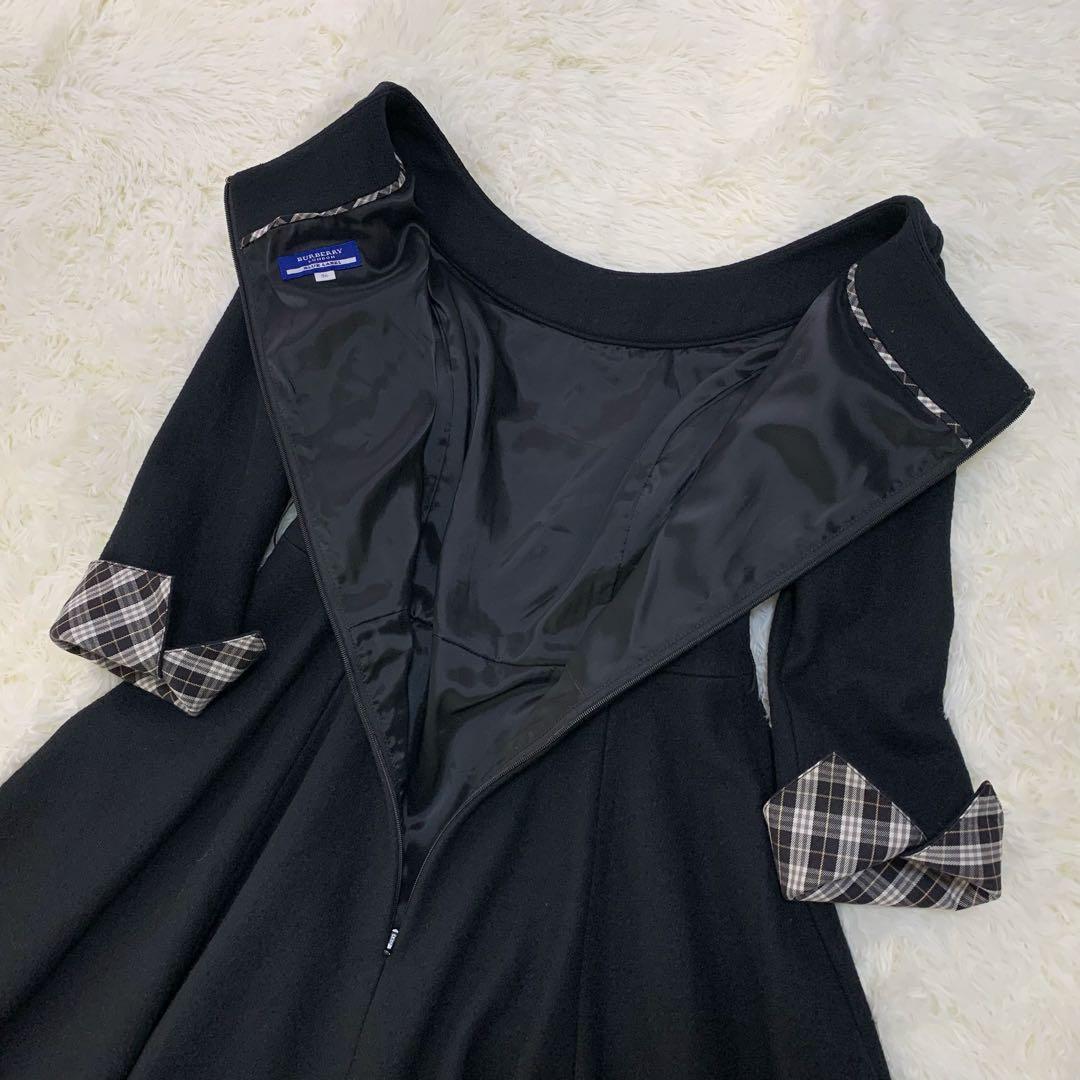 バーバリーブルーレーベル ウール フレア ワンピース リボンベルト ノバチェック