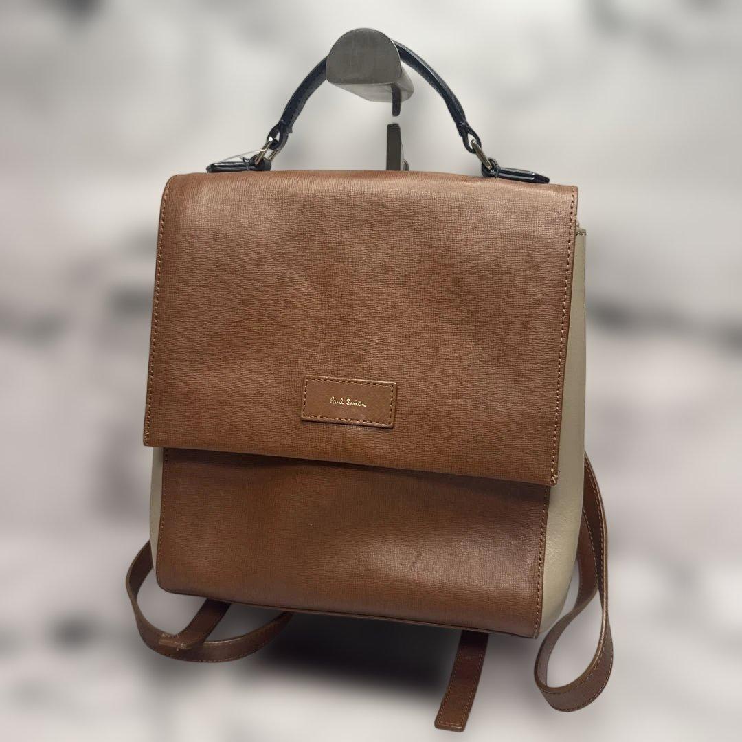 (美品)大人気、ポールスミス、リュック、オールレザー、シボ革、人気色、茶、グレー