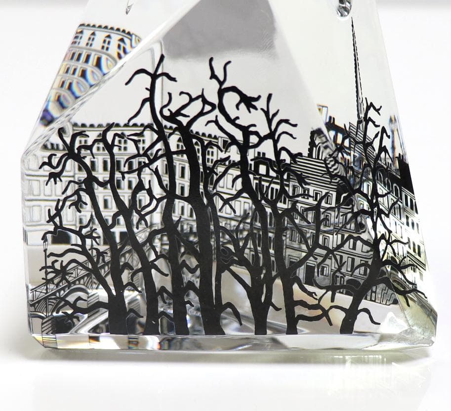 バカラ 珍品 大型 9面体 ペーパーウェイト パリの街並み 月と太陽 置物 風景