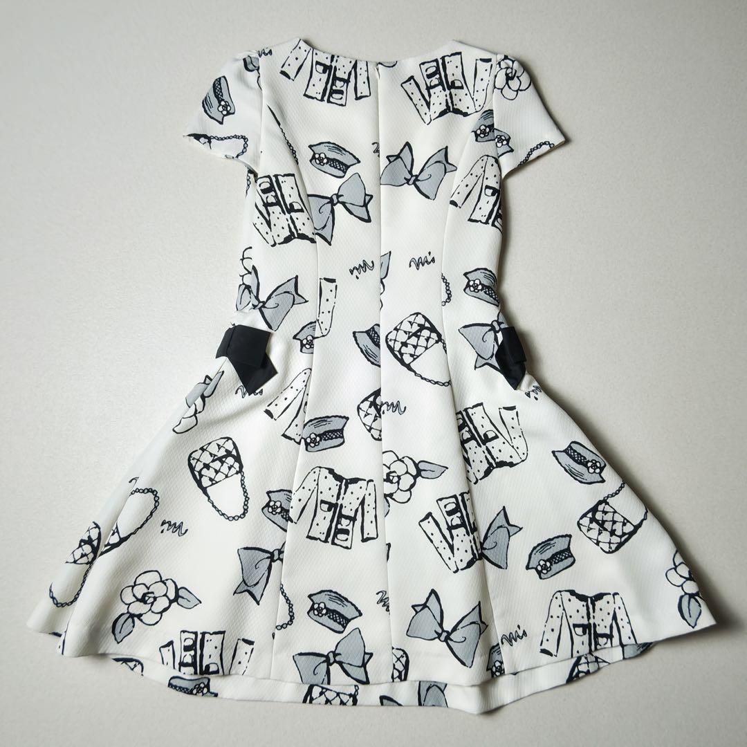 エムズグレイシー　ワンピース　総柄　白　カメリア　リボン　フレア　Aライン