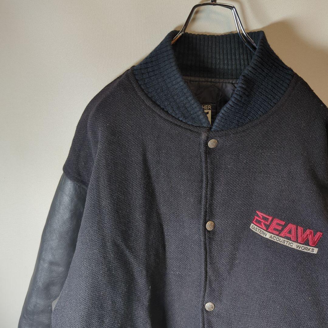 《企業物》入手困難　袖レザー スタジャン 古着　刺繍　バックロゴ　太アーム　ｌ