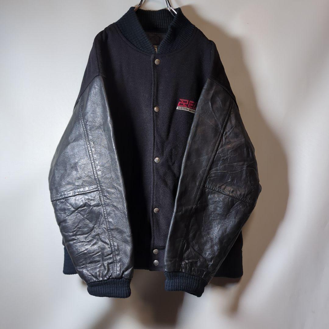《企業物》入手困難　袖レザー スタジャン 古着　刺繍　バックロゴ　太アーム　ｌ