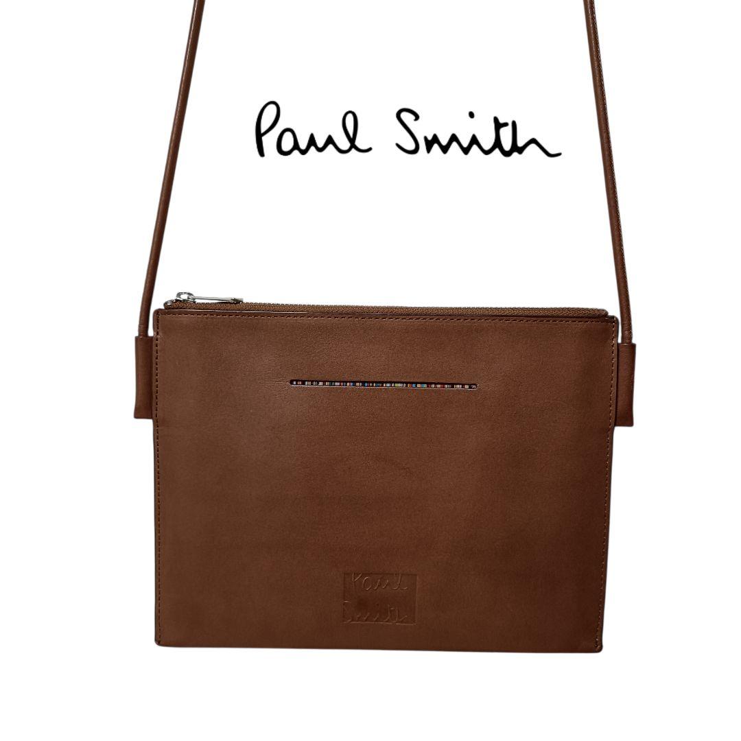 【美品】ポールスミス レザーショルダーバッグ マルチカラー ストライプ ブラウン