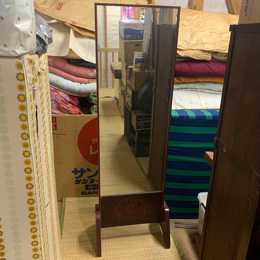 鎌倉彫 姿見 アンティーク鏡 日本板硝子 送料込み GMGF106○鎌倉彫 スタンドミラー 鏡 姿見 全身鏡 木製 彫刻 漆塗り