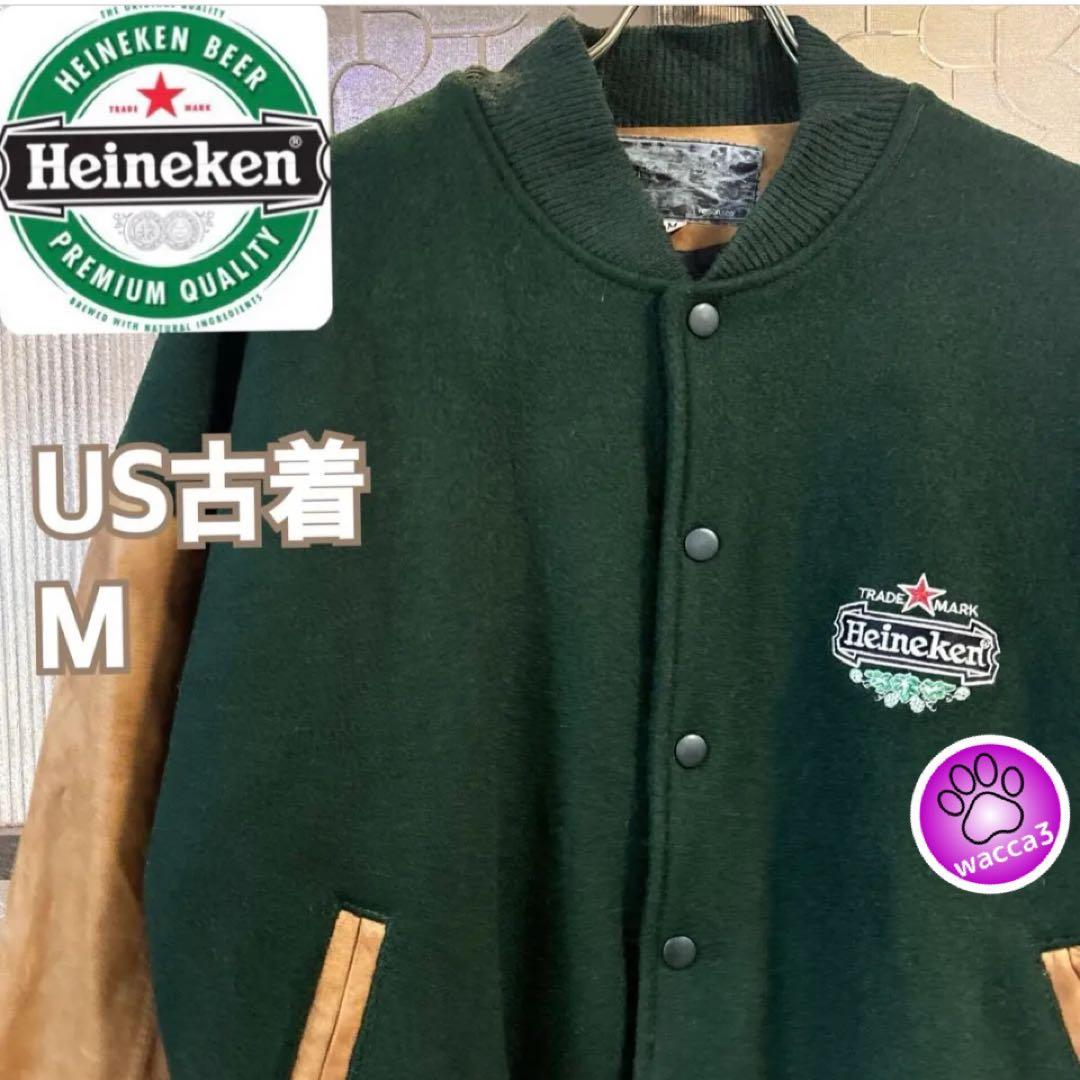 8.90s US古着 ハイネケン レザースタジャン M 緑×茶バック刺繍 - メルカリ