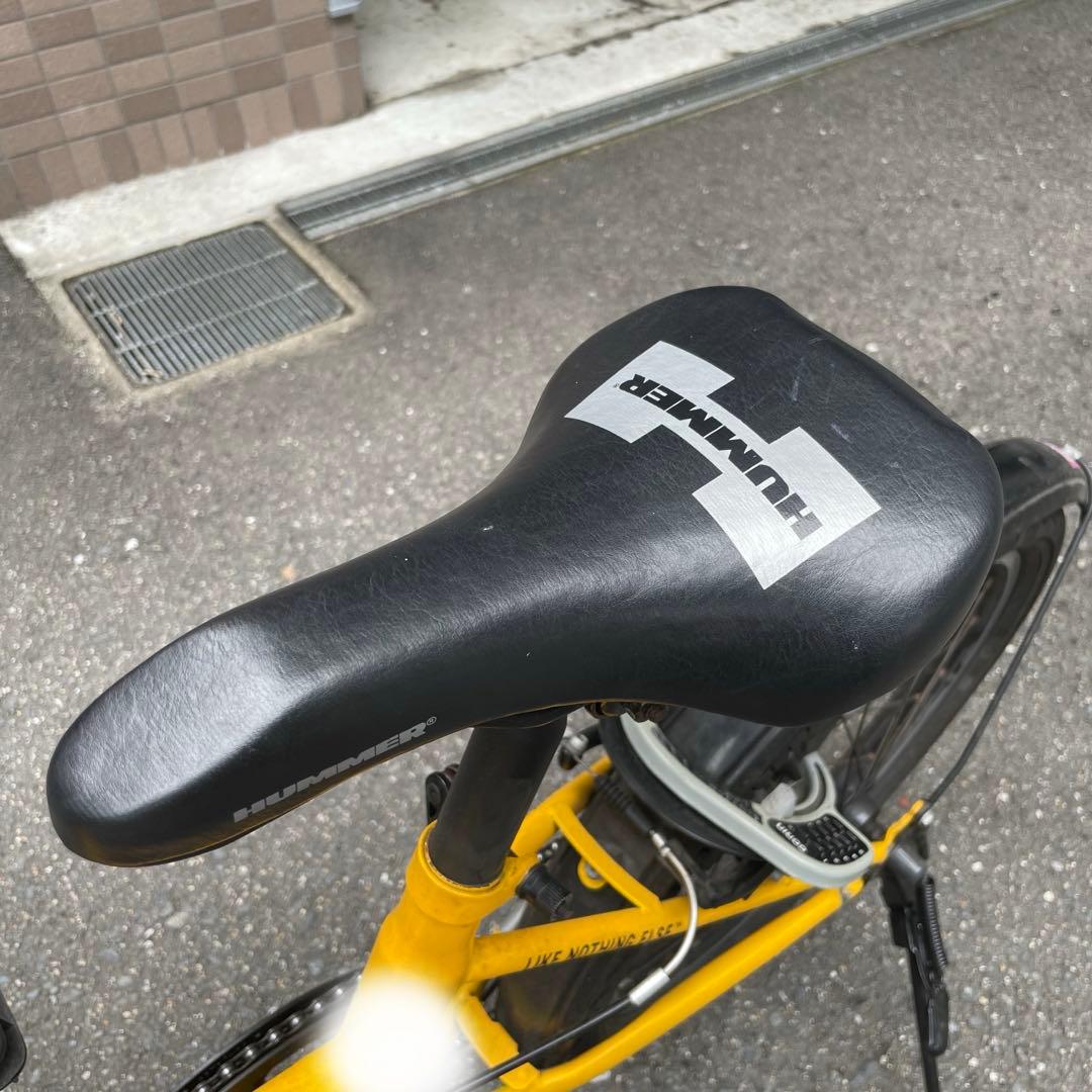 HUMMER ハマーイエロー 折りたたみ自転車 前カゴ付きロック付きギア7段あり