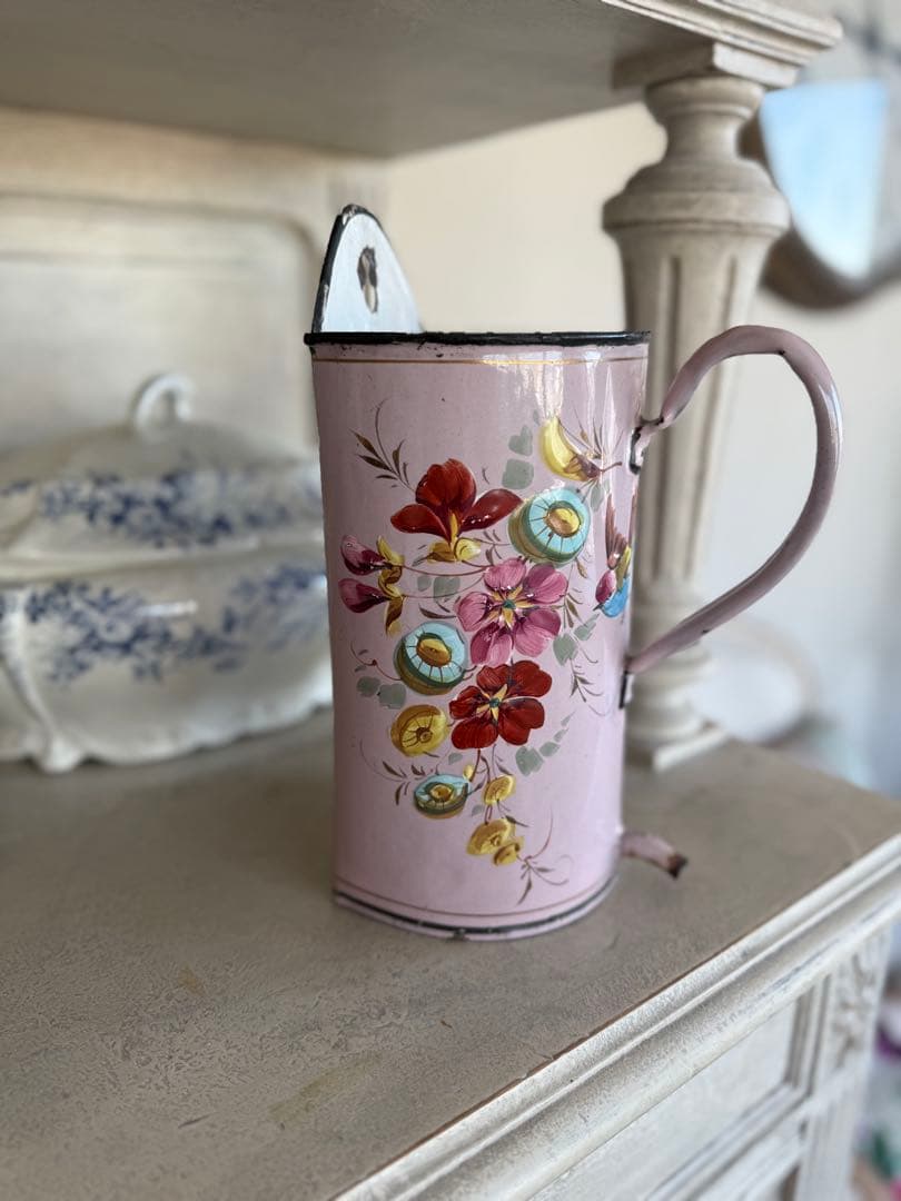 フランスアンティーク激レアピンクの小鳥とお花のハンドペイントホーローイリゲーター