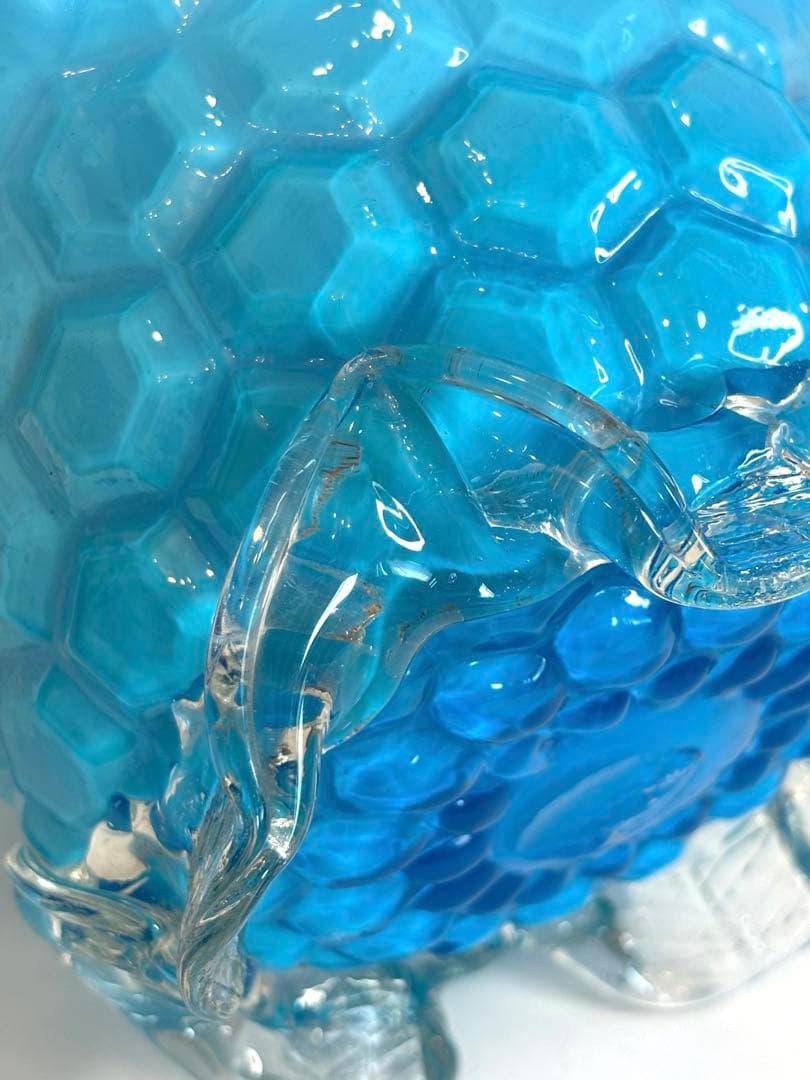 昔ガラス　アンティーク　花縁　フリル　亀甲紋様　ガラス　コンポート　ブルー