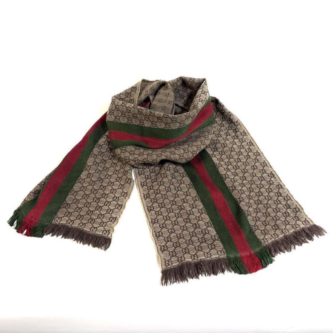 【美品】GUCCI ウール シルク シェリー マフラー GG柄 イタリア製