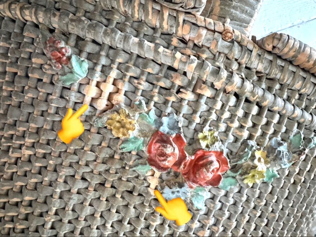 フランスアンティーク フラワー飾り 蓋付き編み込みバスケット パニエ 篭