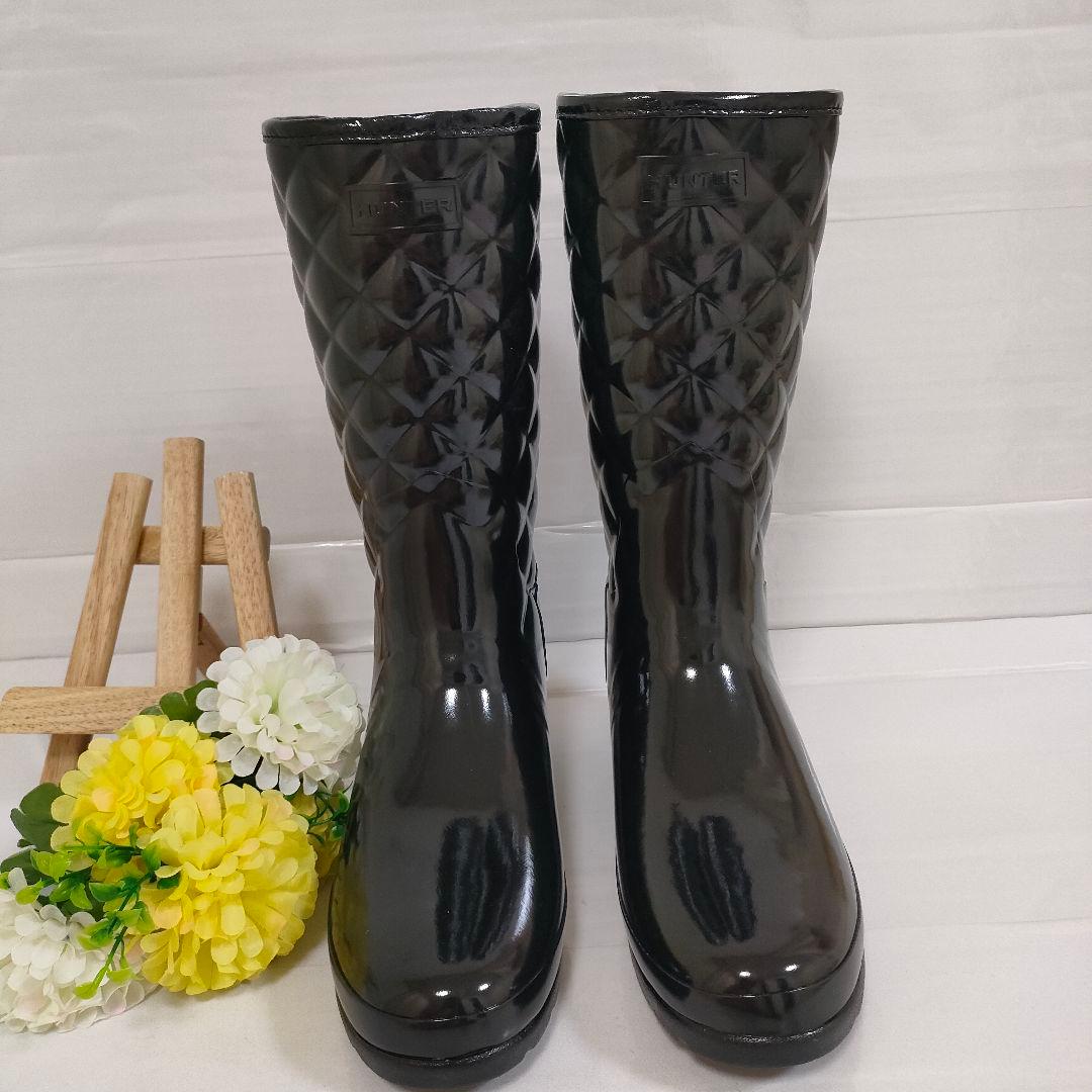 未使用級 HUNTER レインブーツ 金金具 リファインドグロスキルト UK6