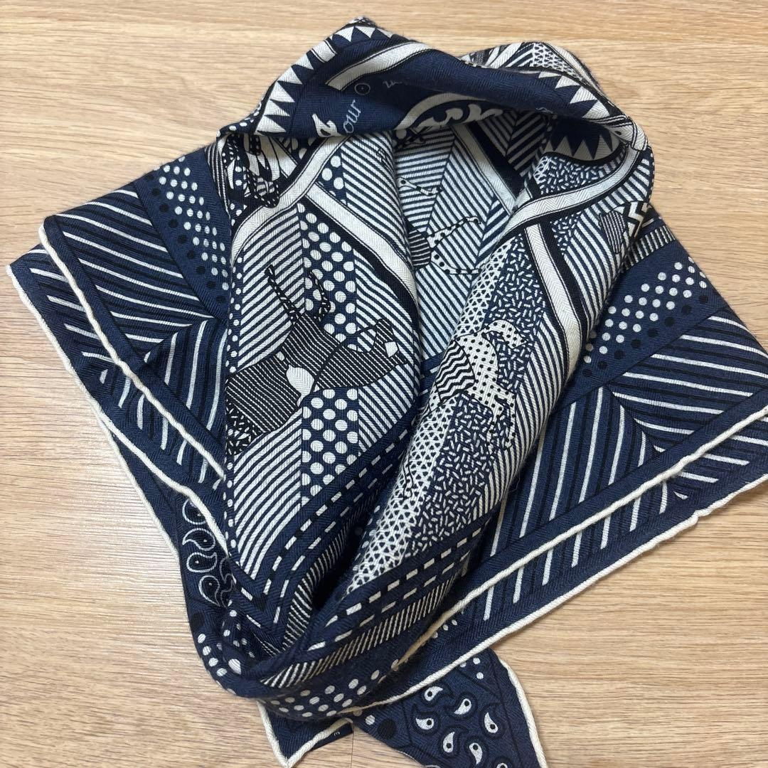 エルメス　カシミアシルク　カシシル　カレ65 バンダナ柄　馬柄　ネイビー