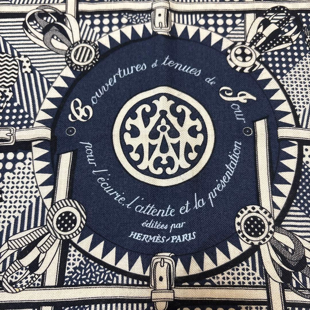 エルメス　カシミアシルク　カシシル　カレ65 バンダナ柄　馬柄　ネイビー