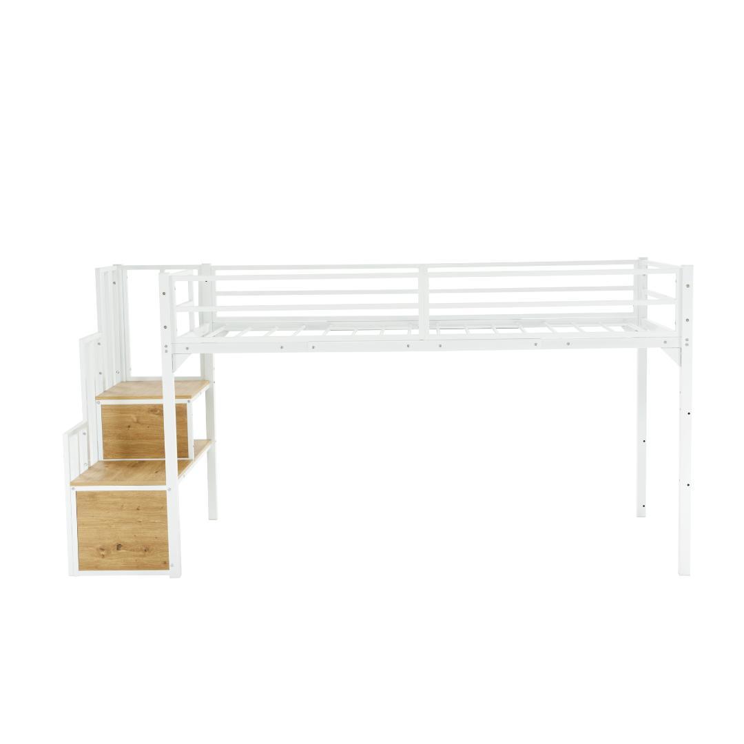 ロフトベッド　階段付き　シングルサイズ　北欧風　おしゃれ　スチール製　WHITE