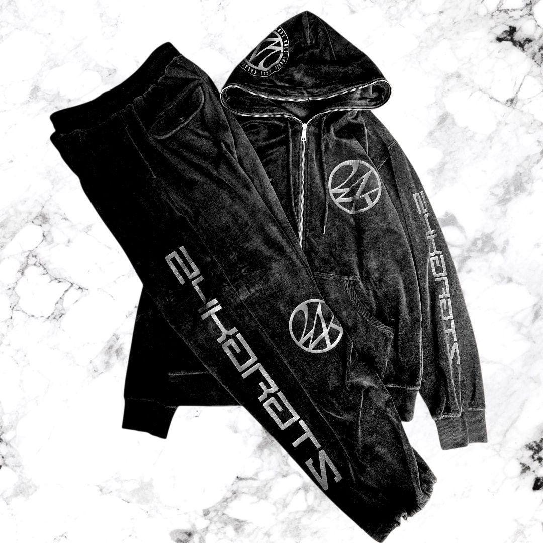 24karats ベロア セットアップ 上下セット 黒 刺繍 ロゴ ジャージ