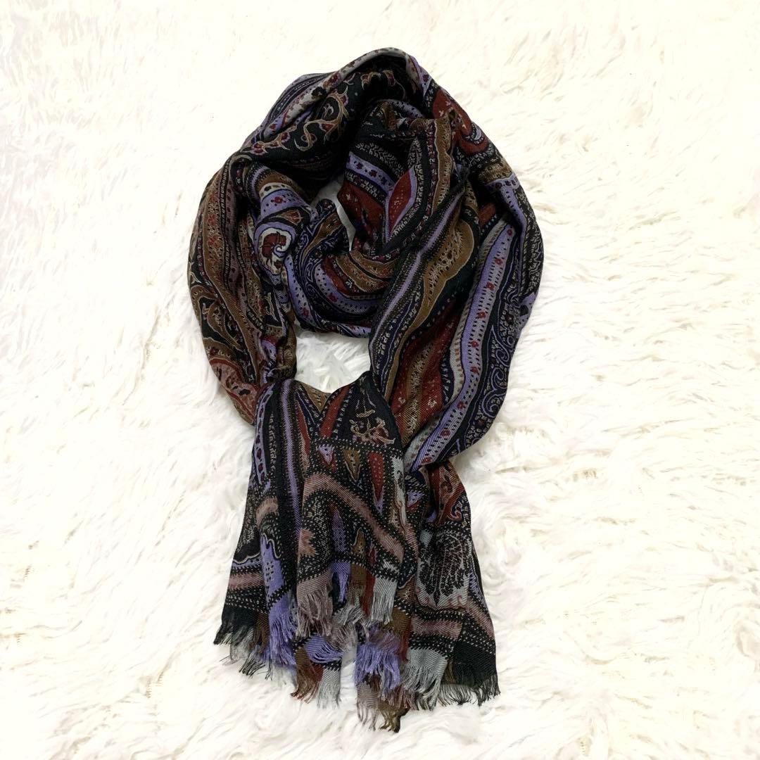 【希少カラー】 エトロ 大判ストール スカーフ ペイズリー パープル ブラウン