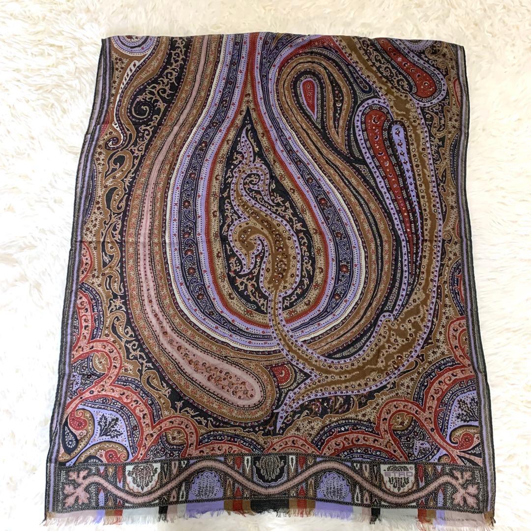 【希少カラー】 エトロ 大判ストール スカーフ ペイズリー パープル ブラウン