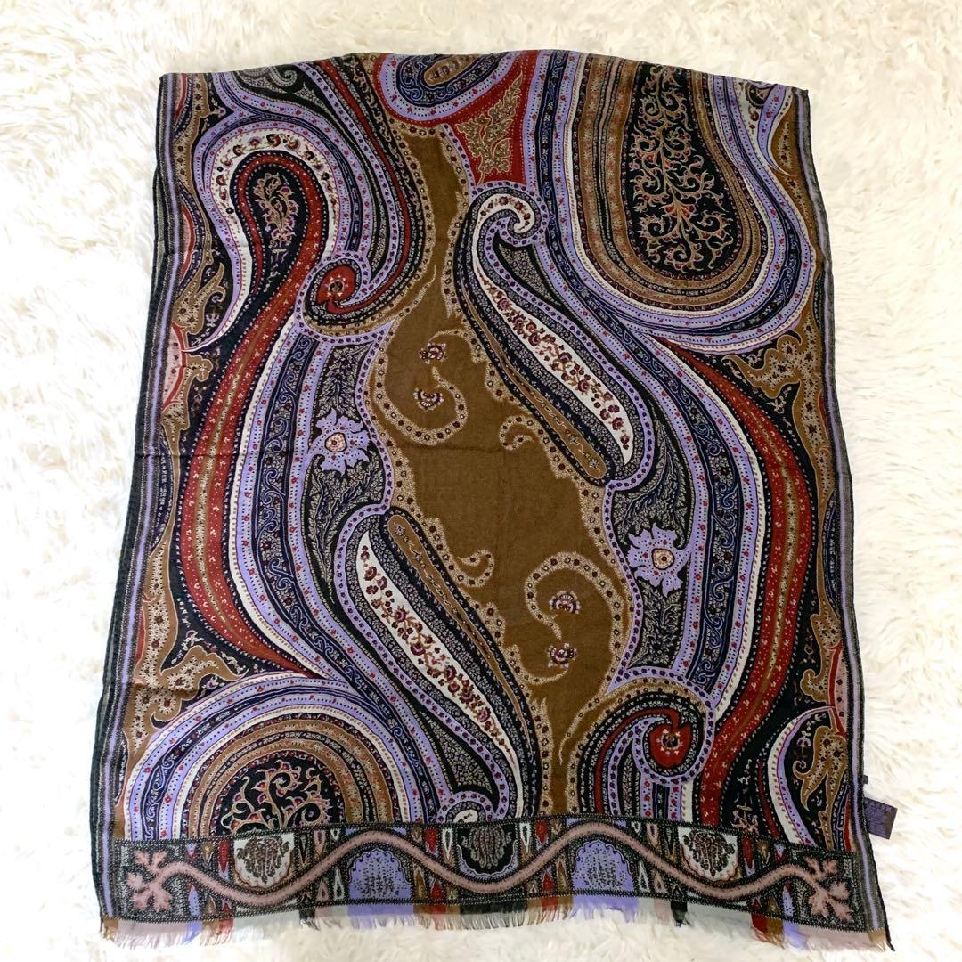 【希少カラー】 エトロ 大判ストール スカーフ ペイズリー パープル ブラウン